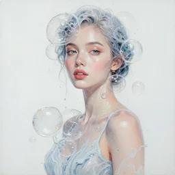 beautiful sci - fi woman, face, full body, dress, bubbles, bubble, watedrops, waterdroplets, acrylicpainting, acrylicpouring, painting, influencer
