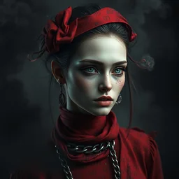 digital art of a beautiful lady half necromancer half gucci model, made of red gucci fabric, dust particles, broken metal and black smoke, hyper realistic portrait full of details, canon eos, zbrush, artstation, greg rutkowski