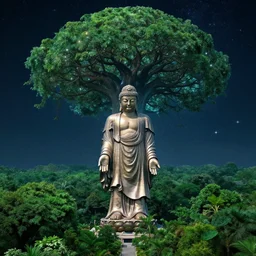 big budha statue standing in the middle of a matte landscape with a world tree with branches in the stars and roots in the underworld, vast, epic, starry, lush, greenery, cinematic color scheme, by greg rutkowski, artstation, 4 k wallpaper, uhd quality, unreal engine, glossy paper quality