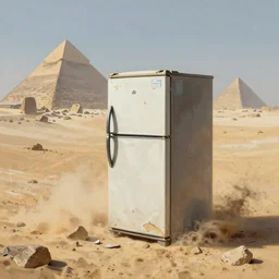 An atmospheric painting of a broken down refrigerator in a desolate dustbowl, with sand devils and megalithic pyramids looming in the background, artstation, concept art