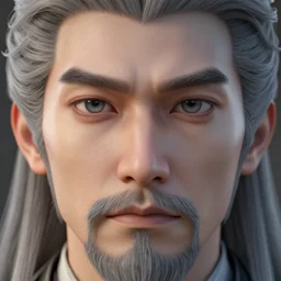 face closeup covered with 5 0 year old man, gren grey eyes, pale skin, grey beard, long grey hair, symmetric face, 3 d render, hyper - realistic detailed portrait, ruan jia, wlop
