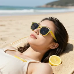 a (lemon) wearing sunglasses relaxing on the beach