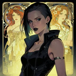 cyberpunk woman in a cyberpunk city, high detail, crisp shading, in the style of greg rutkowski and alphonse mucha and andree wallin, half body portrait