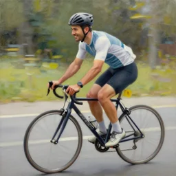 A man riding a bicycle action shot, subject is smiling, expressive oil painting