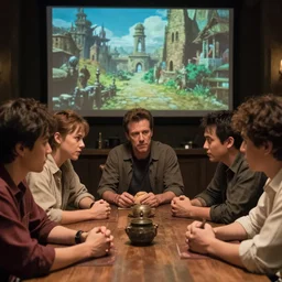 film still dnd movie, group sit at table, play in dnd, beckinsale schwarzenegger johansson timberlake, gm screen, finely detailed features, closeup at the faces, at an ancient city, shinkai takashi takeuchi studio ghibli