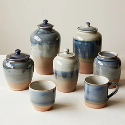 beautiful pottery made from exotic clay and glazes, consisting of jars and mugs on a table, in the style of simon cowell