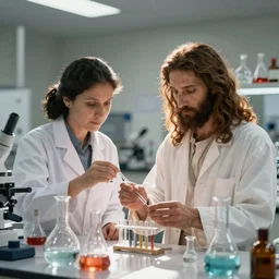 a female professor and jesus in a university chemistry lab, running the experiment that proofs jesus transubstantiation ; dream - like ; bokeh