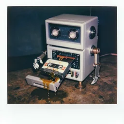 a anthropomorphic vcr robot birthing a vcr cassette, oil leaking, messy oil everywhere, detailed, intricate, shocking, 1 9 7 1, polaroid photo, tv screenshot, horror