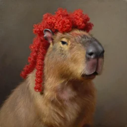 capybara wearing a red wig, oil painting
