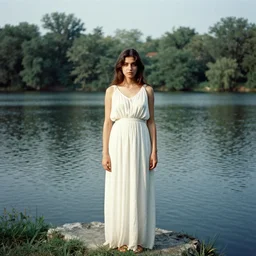greek goddess by a lake, vintage film photograph