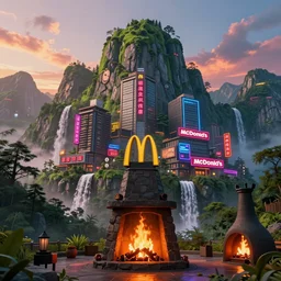 cyberpunk city with neon signs in chinese and mcdonald's built in the mountains with waterfalls and forest at the foot of green gigantic mountains at sunset, fireplace, hyperdetailed, artstation, cgsociety, 8 k