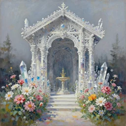 a painting of a shrine with flowers in the foreground, concept art by kaja foglio, featured on polycount, symbolism, official art, concept art, made of crystals