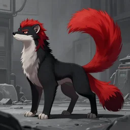 red fursona tail _ attached _ long stoat | fantasyart | urbanscene coalpunk masculine fursona black