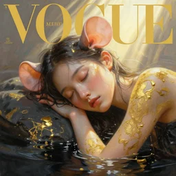 3 d, close - up, sleepy fashion model, rat ears, liquid gold and black water, sleepy fashion model, morning, sun rays, vogue cover style, poster art, hyper detail, intricate oil painting, multiple exposure, morning mood, 3 d, by tooth wu and wlop and beeple and greg rutkowski