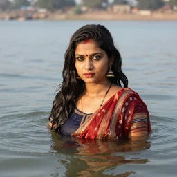 A beautiful indian woman wearing traditional clothes half immerged in the Ganges river looking at the camera with an hypnotizing glare. CANON Eos C300, ƒ4, 15mm, natural lights