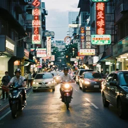 timelapse of a tapei street, headlights, neon signs, Canon A1