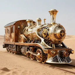 wide - angle hyper realistic concept art of an ancient intricate futuristic train made of metallic bone carved with burned wood and gold details in the desert, ornate, mechanical, gears, tesla car design, volumetric lighting, hyper realistic, extremely detailed, elegant, sharp focus