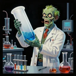 hyperdetailed cyber fun 70's poster painting in a color style of 70's black poster art of an a crazy pharmacist zombie in a chemical laboratory with chemical beakers, holding a giant jar of pills, large syringe in background, syringe, drugs, chemical substances, epic scale ultrawide angle, 3D  rendered, Vray rendered, octane render, unreal engine