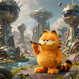 alien landscape, ruined alien structures, garfield smoking a blunt, beautiful, solarpunk, trending on artstation, 8 k, high detail, by shrimbly flingleston
