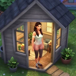 fps screenshot of a girl in the small house, overhead view, sims