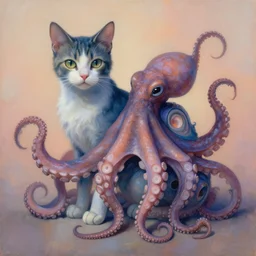 painting of hybrid cat!!! and ( ( ( ( octopus ) ) ) ) fused together, intercrossed animal, by zdzislaw beksinski, by lewis jones, mattias adolfsson, cold hue's, warm tone gradient background, concept art, digital painting