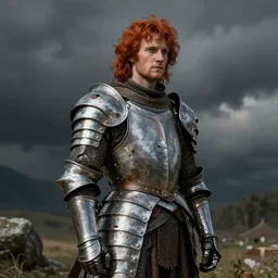 alex - tanner! in battle - damaged - armor. red - hair. exposed. renaissance. realistic.