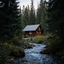 Cabin in Canadian forest, creek, awe-inspiring, incredibly beautiful, award winning photo, 100mm lens, f2.8, low contrast