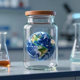 a laboratory, jar on a shelf, inside the jar is a tiny!!!!!!!!!! planet earth, digital art, artstation
