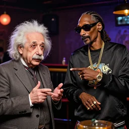 potrait Photograph of Albert Einstein and Snoop Dogg discussing theoretical physics ideas in a club club, colorful photograph, 4k, HDR