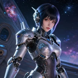 photo of a cyborg girl on a space ship, warframe armor, beautiful face, scifi, nebula reflections, stars, professionally color graded, 8 k high definition, insanely detailed, intricate, innocent, art by akihiko yoshida, antilous chao, li zixin, woo kim