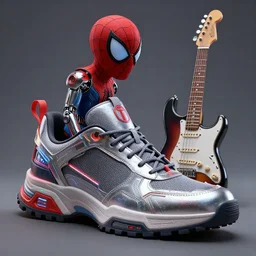 an anthropomorphic cyberpunk futuristic sneaker of spiderman by sandra chevrier, by jon foster, detailed render, cybernetics, 4 k realistic, fender stratocaster, cryengine, realistic shaded lighting, sharp focus, masterpiece, by enki bilal