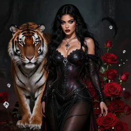 kylie jenner as a dark fantasy female dark sorceress, with a tiger, roses, diamonds, atmospheric, highly detailed, qichao wang, artgerm, cushart krenz, zeronis, trending on artstation, soft light, sharp edges, illustration, character design, concept art