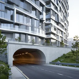 denis villeneuve establishing shot of modern bjarke ingels condo building and gotthard tunnel entrance combined, roads tunnel under bjarke ingels condo building, lush environment, sunny raked lighting, scifi artstation digital concept art, unreal engine, hyper realism, realistic shading, cinematic composition, octane render, wide shot