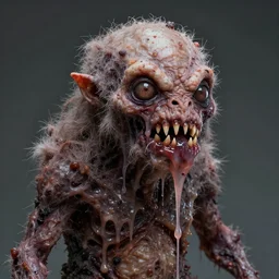 a very strange creature made of cronenberg schmutz and drips, mucus, hairy, skin parts, fuzzy disgusting teeth, saliva nasty
