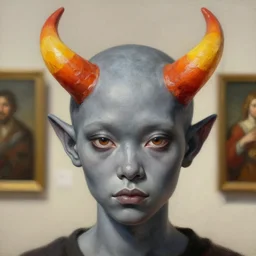 close-up portrait of Vriska Serket, gray skin, candy corn-colored horns in the shape of hooks, character from Homestuck,, painting in the museum, highly detailed, sharp focus, digital painting, artwork by Kinkade, by Victor Adame Minguez by Yuumei by Tom Lovell by Sandro Botticelli