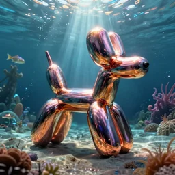 metallic balloon dog. jeff koons. on the sea floor in magical mermaid kingdom