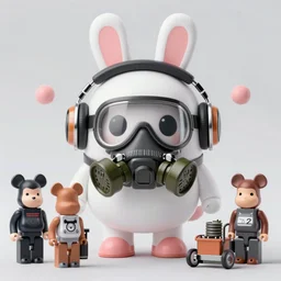 a cute funny rabbit monster + cool headset + gas mask, garage kit, by mohamed chahin, mandkaws, bearbrick, bt 2 1,