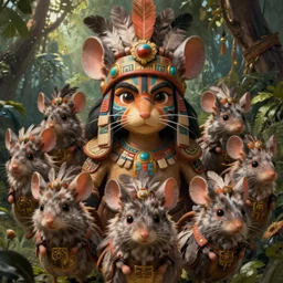 dungeons and dragons fantasy painting, portrait, feathered mouse cavalry, whimsical and cute, aztec, mayan, determined expressions, watery eyes, anime inspired, face paint, tufty whiskers, in the jungle, feathered cavalry, by brain froud jessica rossier and greg rutkowski