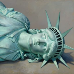 cut off statue of libertys head with crown is lying sideways on the ground .side angle.low angle painting by frazetta