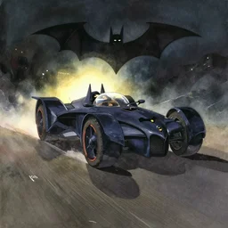 traditional watercolor painting of batcave landscape with batmobile backlighting at night by makoto shinkai miyazaki