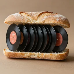 A sandwich consisting of ten 7 inch vinyl records in between two pieces of ciabatta bread, award-winning photo