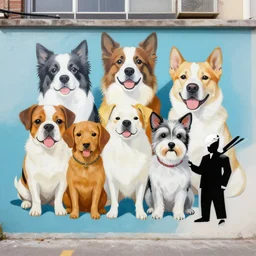 a beautiful mural of dogs, by murakami takashi painting and banksy, illustration style