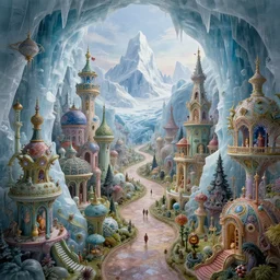 beguiling epic stunning beautiful insanely detailed matte painting of an impossible path winding through arctic dream worlds with surreal architecture designed by heironymous bosch, structures inspired by heironymous bosch's garden of earthly delights, surreal ice interiors by cyril rolando and asher durand and natalie shau, whimsical, intricate