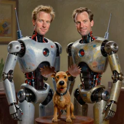an episode of frasier, set in the year 2 1 2 2, frasier ( kelsey grammer ) and niles ( david hyde pierce ) are bio - mechanical robots. frasiers dad ( john mahoney ) is a cyborg, and the little dog ( moose ) is a droid, intricate detail, volumetric shadows and lighting, realistic oil painting by tim hildebrandt,