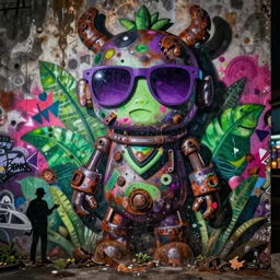 dream of jungle golem, graffiti on the wall, shades of purple, green, fuchsia, dirty colours, night, rotten textures, rusty shapes, biotechnology, banksy, david lozano, rene margerit, norman rockwell, tim hildebrandt, wayne barlow, bruce pennington, larry elmore, spray on wall, deep depth field, masterpiece, cinematic composition, hyper - detailed, hd, hdr