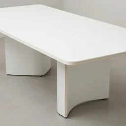 a table, large rectangular white curved corian, plywood details,