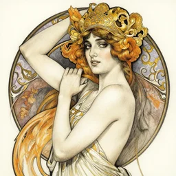 an intricate charcoal drawing of a beautiful young lady with an artistic sensual pose, by carla ortiz, hyper detailed, ornamental gold headpiece, vivid colors, artstation, by jeremy mann, by alphonse mucha,
