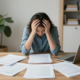 writer struggling ( embraced head with hands ), wide shot, papers on table