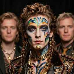 an award finning closeup facial portrait by akseli kallen gallela luis rogyo and john howe of a bohemian male cyberpunk traveller clothed in excessivelyg fashionable 8 0 s haute couture fashion and wearing ornate art nouveau body paint