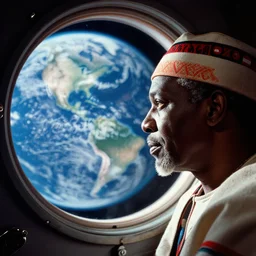 analogue photo of an African tribal chief looking at planet earth out the porthole window of a spaceship, close-up, NASA, photo shot by martha cooper, 35mm,